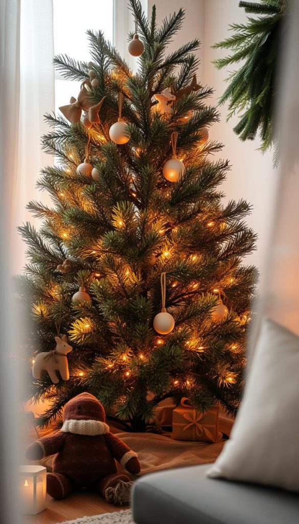 A cozy and festive scene, a natural and rustic Christmas tree adorned with twinkling lights, nestled among the warm glow of surrounding holiday decorations. Soft, diffused lighting creates a serene and inviting atmosphere, complemented by the natural textures and earthy tones of the KlickKiste styling. Subtly styled in a Pinterest-inspired, winter-themed aesthetic, this fototauglich image exudes a sense of charm and authenticity, perfect for showcasing the art of Furoshiki gift wrapping.