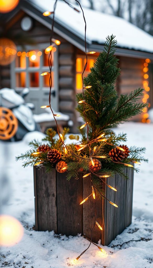 A cozy and festive string of fairy lights, illuminating a winter wonderland scene. Glowing warm amber tones dance across the frame, casting a soft, inviting glow. In the foreground, the lichterkette cascades gracefully from a rustic wooden planter, intertwined with evergreen sprigs and delicate pinecones. The mid-ground features a gentle dusting of snow, creating a serene, wintry atmosphere. In the background, a glimpse of a cozy cabin or shed, its windows aglow, suggests a sense of home and comfort. The overall composition evokes a charming, DIY-inspired aesthetic, perfect for evoking the spirit of the holiday season. A cozy and festive string of fairy lights, illuminating a winter wonderland scene. Glowing warm amber tones dance across the frame, casting a soft, inviting glow. In the foreground, the lichterkette cascades gracefully from a rustic wooden planter, intertwined with evergreen sprigs and delicate pinecones. The mid-ground features a gentle dusting of snow, creating a serene, wintry atmosphere. In the background, a glimpse of a cozy cabin or shed, its windows aglow, suggests a sense of home and comfort. The overall composition evokes a charming, DIY-inspired aesthetic, perfect for evoking the spirit of the holiday season.