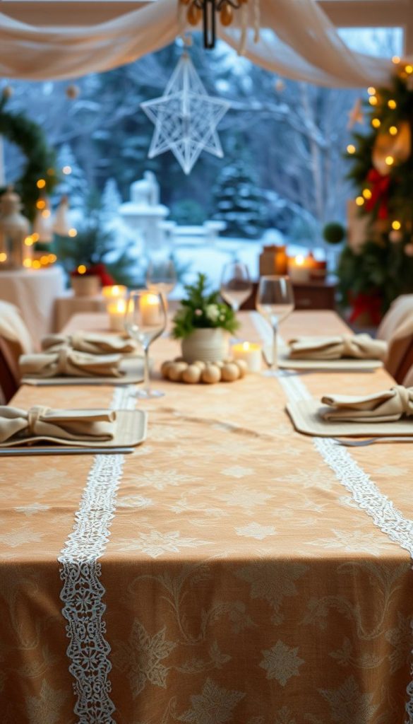 A cozy and festive table setting with a luxurious tisch textilien display. In the foreground, a beautifully patterned tablecloth in warm, earthy tones cascades across the surface, accented by delicate lace detailing. Complementing the tablecloth, a matching table runner adorned with subtle holiday motifs leads the eye towards the center. In the middle ground, a collection of plush, textured placemats and napkins in complementary shades create a layered and inviting composition. The background features a softly lit, winter-inspired scene, with hints of greenery and subtle holiday decor adding a touch of seasonal charm. Warm, natural lighting bathes the entire tableau, evoking a sense of hygge and festive ambiance.