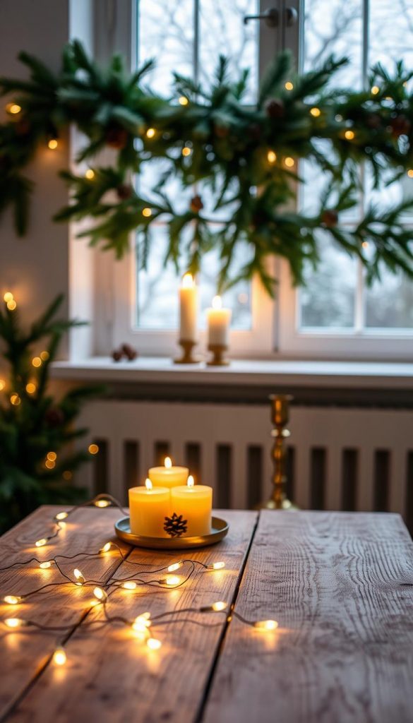 A cozy and festive winter scene showcasing the KlickKiste lighting concept. In the foreground, delicate LED string lights gently illuminate a rustic wooden table, casting a warm, ambient glow. In the middle ground, clusters of unscented beeswax candles flicker, their golden light reflecting off a set of brass candlesticks. The background features a lush, evergreen garland draped across a windowsill, accented by a sprinkling of pinecones and winter berries. The overall atmosphere is one of natural, hygge-inspired elegance, with a touch of modern sophistication. The lighting is soft, diffused, and creates a serene, inviting ambiance perfect for the winter season.
