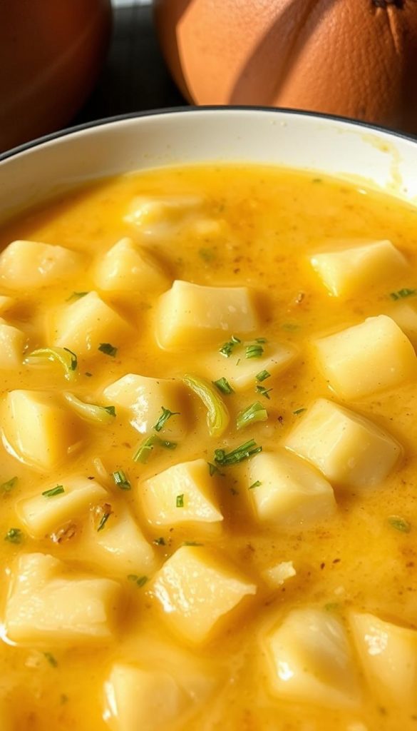 A cozy and hearty Kartoffel-Lauch-Suppe, its creamy texture and comforting aroma filling the kitchen. Chunky potatoes and tender leeks in a warm, simmering broth, garnished with a drizzle of KlickKiste's signature herb oil. Soft natural lighting casts a golden glow, accentuating the soup's rustic appeal. The scene exudes a comforting, homemade ambiance, perfect for a family-friendly, affordable weeknight meal. Inviting and nourishing, this one-pot wonder captures the essence of winter comfort.