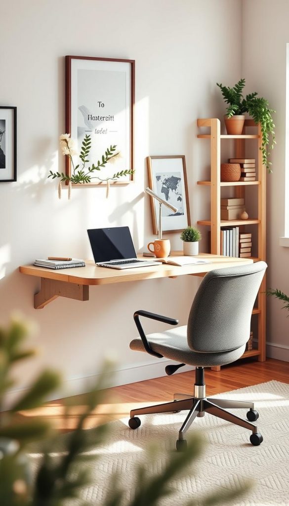 A cozy and inspiring home office scene featuring a floating shelf desk from KlickKiste, set against a soft, light-colored wall. The foreground showcases the floating desk adorned with minimalistic office supplies, a stylish laptop, a potted plant, and a warm, inviting coffee mug. In the middle ground, a comfortable, ergonomic chair complements the desk, with natural light streaming through a nearby window, creating a bright atmosphere. The background features tasteful decor, such as framed art and a bookshelf filled with greenery and books, enhancing the room's cozy aesthetic. The overall mood is warm and productive, blending a Pinterest-inspired look with winter vibes, emphasizing a small yet stylish workspace perfect for maximizing work energy.