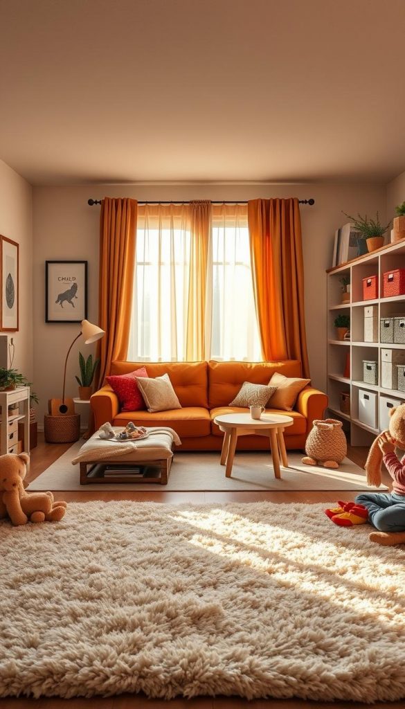 A cozy and inspiring living room and children’s room combination, showcasing a well-organized space ideal for play and relaxation. In the foreground, a soft, plush rug is laid out, surrounded by neatly arranged toys and books. In the middle, a stylish sectional sofa in warm earth tones, accented with colorful cushions, faces a cheerful play area with a small table and chairs. Bright curtains filter soft, golden light, creating a welcoming atmosphere. In the background, there are shelves filled with neatly labeled storage boxes and decorative plants, enhancing the Pinterest-inspired aesthetic. The overall mood is warm and inviting, with a hint of winter vibes. The image should reflect the brand "KlickKiste," emphasizing natural DIY elements and authentic inspiration.