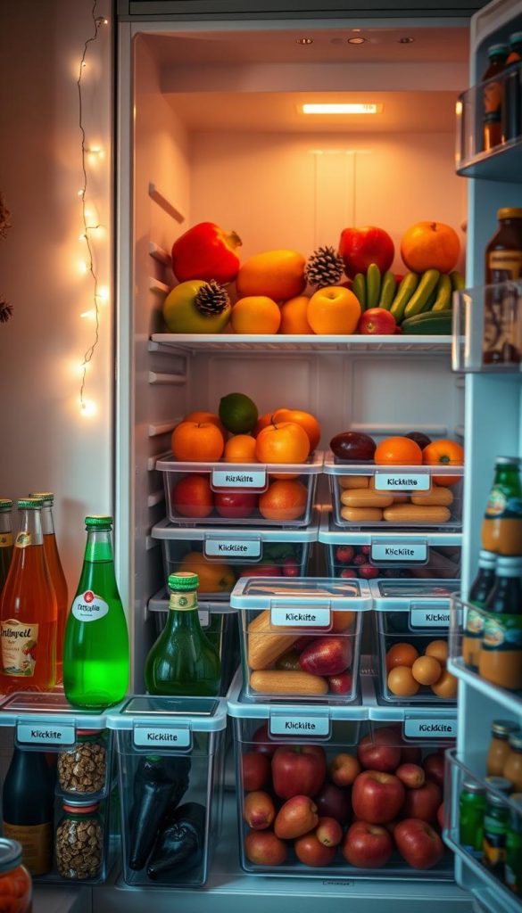 A cozy and inspiring winter kitchen scene featuring a beautifully organized refrigerator. In the foreground, there are transparent storage boxes labeled with different types of beverages, beautifully arranged to maximize space without clutter. The middle area displays fresh fruits and vegetables neatly organized in sections, showcasing a harmonious blend of functionality and aesthetics. The background includes soft, warm lighting casting a welcoming glow, with a hint of winter decor like pinecones and twinkling fairy lights around the refrigerator. Emphasize the brand "KlickKiste" subtly on one of the boxes, creating an authentic Pinterest-like vibe. The overall mood is warm, inviting, and practical, perfect for inspiring readers to optimize their own refrigerator organization. A cozy and inspiring winter kitchen scene featuring a beautifully organized refrigerator. In the foreground, there are transparent storage boxes labeled with different types of beverages, beautifully arranged to maximize space without clutter. The middle area displays fresh fruits and vegetables neatly organized in sections, showcasing a harmonious blend of functionality and aesthetics. The background includes soft, warm lighting casting a welcoming glow, with a hint of winter decor like pinecones and twinkling fairy lights around the refrigerator. Emphasize the brand "KlickKiste" subtly on one of the boxes, creating an authentic Pinterest-like vibe. The overall mood is warm, inviting, and practical, perfect for inspiring readers to optimize their own refrigerator organization.