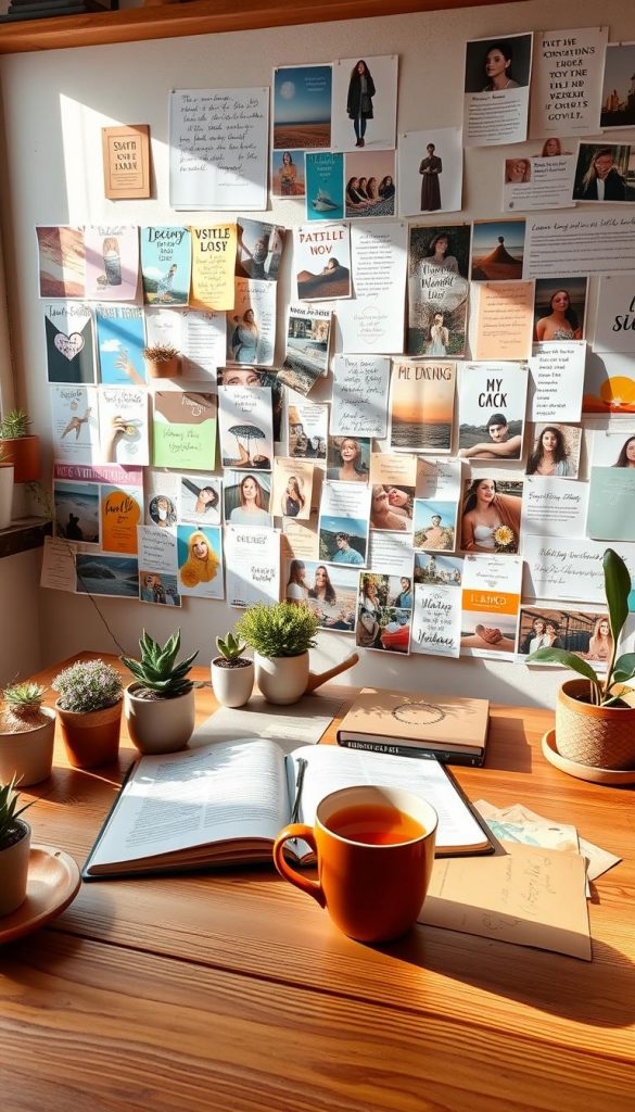 A cozy and inspiring workspace scene, capturing the essence of a vision board reflection for the year 2026. In the foreground, a wooden desk is adorned with a colorful array of pinned vision boards filled with images representing ambitious goals, affirmations, and positive intentions. There are warm, natural tones throughout, evoking a sense of comfort and motivation. A few potted plants add life to the scene, while soft afternoon light spills through a window, casting gentle shadows. In the middle, an open notebook lies beside a steaming mug of tea, inviting contemplation. The background features an inspirational wall with art, quotes, and photos in a Pinterest-style layout. This image exudes an authentic, DIY aesthetic, embodying winter vibes. Perfect for showcasing the KlickKiste brand’s mission of clarity and inspiration.