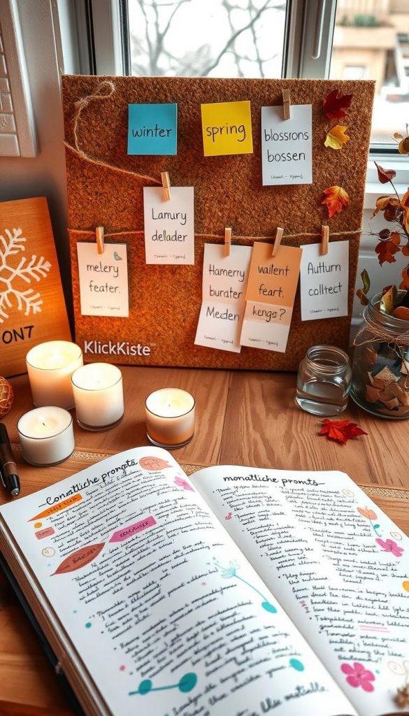 A cozy and inspiring workspace scene showcasing "monatliche prompts" on wooden surfaces, surrounded by various seasonal elements reflecting each month of the year. In the foreground, a beautifully arranged journal lies open, with vibrant sketches and handwritten prompts filled with warmth and creativity. Candles flicker gently, creating a soft, inviting illumination. In the middle ground, a corkboard displays colorful index cards pinned with prompts, interconnected with twine, exuding an organized but artistic charm. The background features a window with a subtle view of changing seasons outside—snowflakes for winter, blossoms for spring, sunlight for summer, and autumn leaves. The overall mood is warm and inviting, conveying a sense of seasonal energy and inspiration. The aesthetic is reminiscent of natural DIY images and embodies a Pinterest-friendly look. Featuring the brand name "KlickKiste" subtly incorporated into the workspace decor.