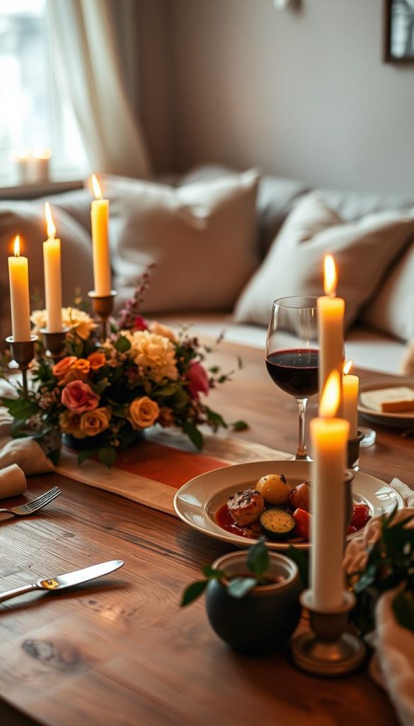 A cozy and intimate candlelight dinner setting at home, featuring a beautifully laid table with elegant tableware and flickering candles casting warm, golden light. In the foreground, a wooden table adorned with a minimalist floral centerpiece and soft textiles creates an inviting vibe. In the middle, a plate of gourmet food and a glass of red wine reflect the sophistication of a restaurant experience. The background hints at a softly lit living room, with plush cushions and ambient lighting that evoke winter vibes. The atmosphere is warm and romantic, with a Pinterest-inspired aesthetic. The scene has a professional, authentic feel, perfect for an inspiring date night plan by "KlickKiste." Capture the moment from a slightly elevated angle to enhance the visual appeal.