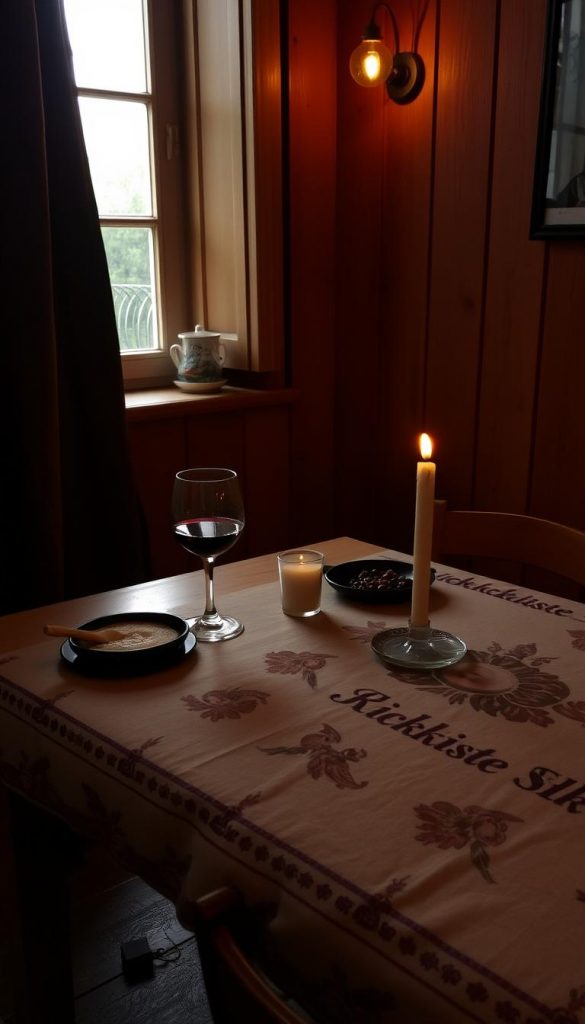 A cozy and intimate dinner setting for one, featuring a warm wooden table with a vintage-inspired "Klickkiste" tablecloth, adorned with a single candle and a glass of red wine. The dimly lit room exudes a cozy, intimate atmosphere, with natural light filtering in through a nearby window, casting a soft glow on the scene. The overall mood is relaxed and inviting, perfect for an evening of adult games and casual socializing.