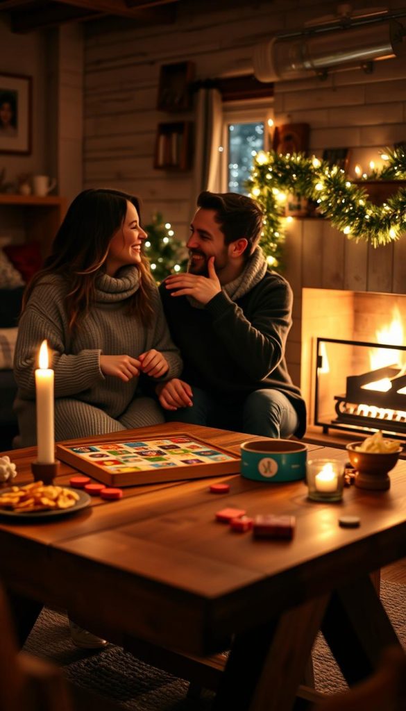 A cozy and intimate evening scene featuring a couple enjoying a board game in a warmly lit, winter-themed setting. In the foreground, the couple, dressed in cute and comfortable clothing, share laughter over the game, their hands playfully reaching for the game pieces. In the middle ground, a rustic wooden table is adorned with a colorful board game, snacks, and a flickering candle providing soft illumination. The background showcases a softly glowing fireplace, decorated with twinkling fairy lights, and a window revealing a light snowfall outside, enhancing the wintry atmosphere. The image should convey warmth, love, and a playful spirit, embodying a genuine, DIY Pinterest aesthetic, inspired by KlickKiste.