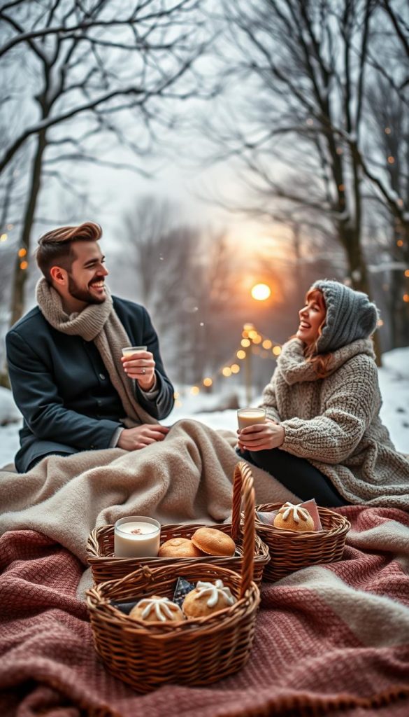 A cozy and intimate winter scene depicting a couple enjoying a unique shared experience, such as a scenic outdoor picnic with soft blankets, warm beverages, and fairy lights twinkling in the background. The foreground shows the couple, dressed in stylish yet modest winter attire, laughing and leaning towards each other, with their hands intertwined. In the middle, a beautifully arranged picnic spread featuring homemade treats and a rustic basket adds warmth to the composition. The background features softly falling snow and a serene, wooded landscape, illuminated by the golden glow of a sunset. The overall atmosphere is warm, inviting, and romantic, embodying the essence of "erlebnis zeit zu zweit". Capture the image using a soft focus lens to enhance the dreamy quality, ensuring natural lighting that emphasizes the warmth of the scene. Created for KlickKiste.