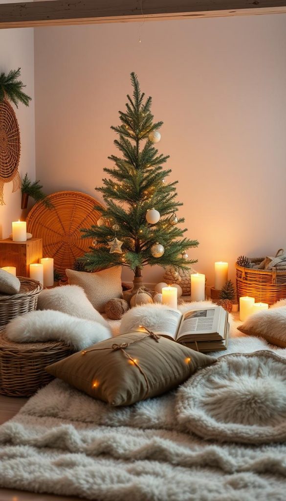 A cozy and inviting Advents-Ecke with a KlickKiste winter wonderland display. Soft natural textures like woven baskets, rustic wood, and plush sheepskins create a hygge atmosphere. Warm lighting from candles and fairy lights cast a gentle glow, while a fluffy rug and comfortable floor cushions invite you to curl up and read, play, or snuggle. In the background, a minimalist tree adorned with simple DIY ornaments and greenery. The scene exudes a calming, Pinterest-inspired vibe with muted earth tones and a touch of whimsy. A cozy and inviting Advents-Ecke with a KlickKiste winter wonderland display. Soft natural textures like woven baskets, rustic wood, and plush sheepskins create a hygge atmosphere. Warm lighting from candles and fairy lights cast a gentle glow, while a fluffy rug and comfortable floor cushions invite you to curl up and read, play, or snuggle. In the background, a minimalist tree adorned with simple DIY ornaments and greenery. The scene exudes a calming, Pinterest-inspired vibe with muted earth tones and a touch of whimsy.