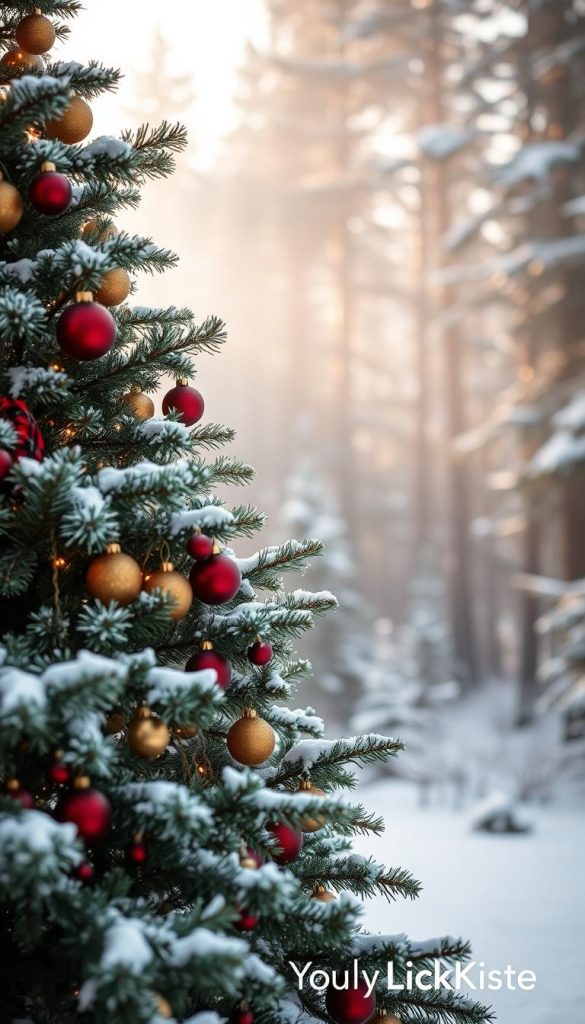 A cozy and inviting Burgunder Christmas tree in a winter wonderland. Soft, warm hues of burgundy, crimson, and gold adorn the majestic fir, its branches gently dusted with snow. Festive ornaments, handcrafted with care, hang from the boughs, casting a gentle glow. In the background, a tranquil forest scene with towering pines and a dusting of powdery white. Soft, natural lighting filters through the scene, creating a sense of rustic elegance. The overall effect is one of timeless charm, perfectly capturing the essence of a Burgunder Christmas tree. Brought to you by KlickKiste, a modern take on traditional holiday decor.