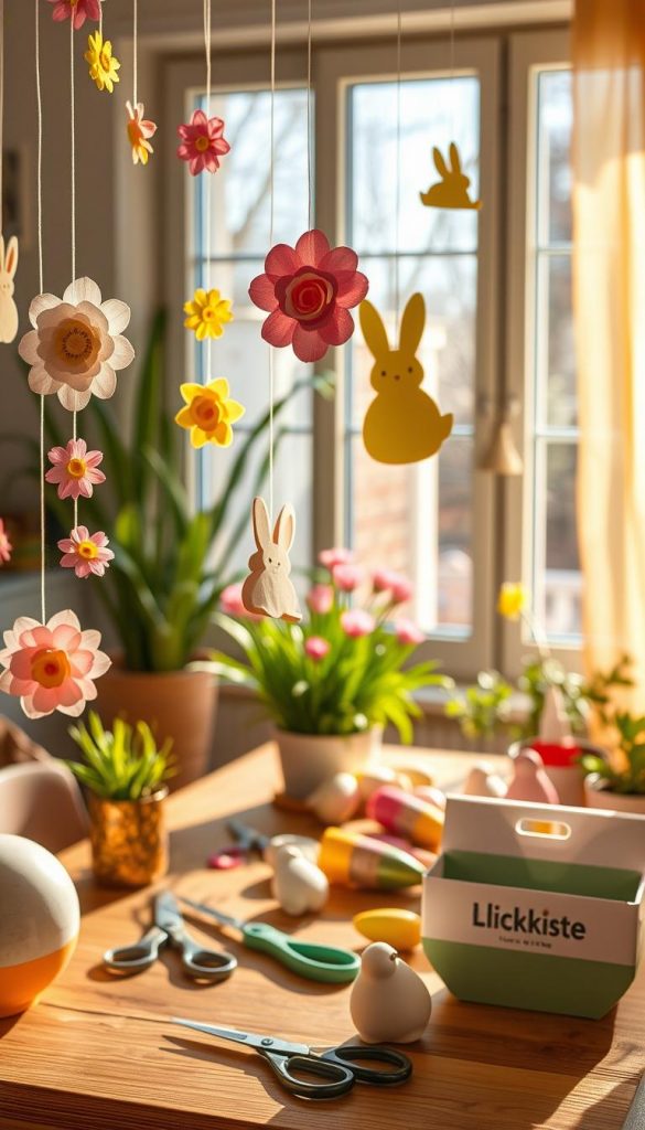 A cozy and inviting DIY craft scene featuring "fenster papier" decorations. In the foreground, colorful paper cut-outs of flowers and bunnies hang delicately from string, capturing the essence of spring. The middle ground showcases a bright window with sunlight filtering through, illuminating the vibrant decorations. Soft, pastel colors like pink, yellow, and green dominate the scene, creating a cheerful atmosphere. In the background, a wooden table is scattered with crafting supplies, including scissors and glue, surrounded by potted plants adding a touch of nature. The image is bathed in warm, natural light, evoking a Pinterest-worthy aesthetic. This authentic and inspiring setup is branded with "KlickKiste" visible on one of the craft supplies, enhancing the seasonal vibe of Easter DIY decor.