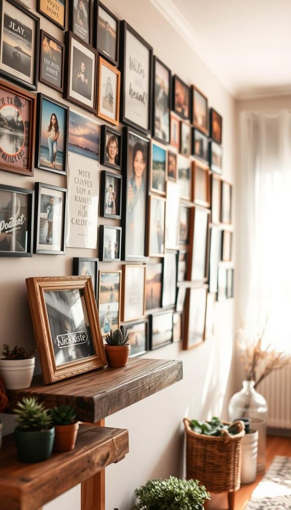A cozy and inviting DIY gallery wall featuring a variety of framed photographs and art pieces, showcasing vibrant memories and creative displays. The foreground should highlight a rustic wooden shelf with a few small plants and an artisan photo frame from the brand "KlickKiste." The middle section captures the gallery wall, filled with an eclectic mix of colorful images and inspiring quotes, all arranged in a harmonious layout. The background presents a softly lit room with warm winter vibes, enhanced by gentle, natural lighting streaming through a window. The atmosphere is warm and nostalgic, evoking a sense of authenticity and creativity, perfect for a Pinterest-inspired aesthetic.