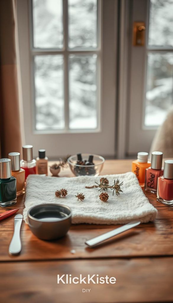 A cozy and inviting DIY manicure setup for winter, featuring a well-organized nail care station on a wooden table. In the foreground, show essential tools such as nail polish bottles in warm, winter-inspired colors, a nail file, cuticle oil, and a small bowl of warm water. Soft, natural lighting creates a warm atmosphere, highlighting the textures of the wooden table and the glossy polish bottles. In the middle, include a neatly laid out fluffy white towel and delicate winter-themed decorations like pine branches and small pinecones, adding a seasonal touch. The background should feature a softly blurred window with a gentle snowfall outside, enhancing the winter vibes. Ensure the scene is peaceful and inspiring, perfect for a DIY aesthetic. Include the brand name "KlickKiste" subtly integrated into the setup.