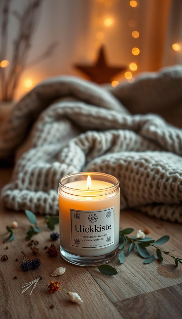 A cozy and inviting DIY wellness setup featuring a beautifully lit candle, exuding warm, soft glow and surrounded by calming elements. In the foreground, place an elegantly designed candle labeled "KlickKiste," set atop a smooth wooden surface, adorned with scattered dried flowers and eucalyptus leaves. In the middle ground, include a plush, oversized blanket in neutral tones, inviting relaxation. The background should depict a serene atmosphere, with soft, ambient lighting that enhances the winter vibe, evoking a sense of tranquility. Use a shallow depth of field to create a dreamy effect, emphasizing the candle while softly blurring the background. The overall mood should be warm, calming, and inspiring, akin to a Pinterest aesthetic, perfect for Super-Mamas seeking moments of relaxation.