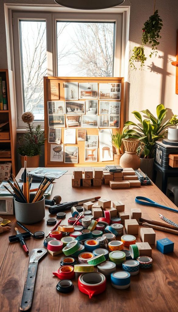 A cozy and inviting DIY workspace filled with tools and materials for home improvement projects. The foreground features a beautifully organized wooden table, scattered with paintbrushes, rolls of colorful washi tape, and natural wooden blocks. A mood board displaying inspiring designs can be seen in the middle, pinned with images of upcycled furniture and decorative crafts, set against a softly lit wall. In the background, a window offers a glimpse of a winter landscape, allowing warm sunlight to filter in and cast gentle shadows. The color palette is warm and earthy, complemented by touches of greenery from potted plants. The overall atmosphere is inspirational and creative, embodying the essence of "KlickKiste."