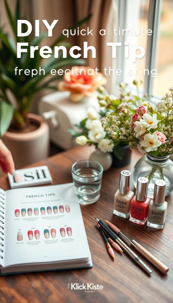 A cozy and inviting DIY workspace showcasing quick and simple French tip nail ideas for spring, with warm, natural colors. In the foreground, a stylishly arranged table features essential nail supplies, including pastel-colored nail polishes, a small bowl of water, and elegant tools. The middle ground reveals a step-by-step guide with images of modern French tip variations, each demonstrating simple techniques. The background features soft-focus greenery and spring florals to enhance the fresh, seasonal vibe. The warm lighting adds a welcoming glow, creating a Pinterest-inspired aesthetic. Capture the mood of inspiration and creativity in this authentic DIY setting. Brand logo "KlickKiste" subtly integrated into the workspace without overt display.