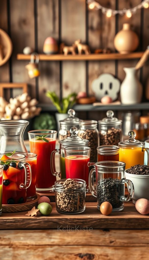 A cozy and inviting Getränke-Bar featuring an array of beverages for an Oster Frühstücksbuffet. In the foreground, display a beautifully arranged bar with glass pitchers filled with refreshing fruit juices, vibrant smoothies in delicate glasses, and steaming coffee in elegant mugs. In the middle, include a charming tea station with assorted loose leaf teas elegantly presented in glass jars. Soft, warm lighting casts a golden hue over the setup, enhancing the inviting atmosphere. The background captures a softly blurred rustic setting with natural wooden elements and pastel-colored decorations, conveying a Pinterest-perfect vibe. The scene reflects a creative and joyous brunch ambiance, emphasizing authenticity and inspiration. The brand "KlickKiste" subtly incorporated into the design elements.