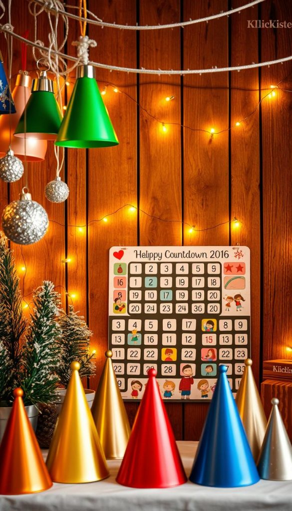 A cozy and inviting Kinder Foto Wand featuring a festive hat station and a countdown activity for children, designed for a New Year's Eve celebration. In the foreground, colorful party hats in various shapes and sizes hang from a decorative string, along with glittering ornaments. The middle ground showcases a playful countdown calendar adorned with cheerful illustrations, with children wearing colorful, modest attire engaged in countdown activities. In the background, softly glowing fairy lights twinkle against a warm, rustic wooden wall, creating a magical atmosphere reminiscent of winter vibes. The scene is illuminated with warm lighting to enhance its inviting feel, capturing the essence of creativity and joy. This image should exhibit a natural DIY look, ideal for inspiring holiday decorations, with a subtle branding of "KlickKiste" integrated into the display.