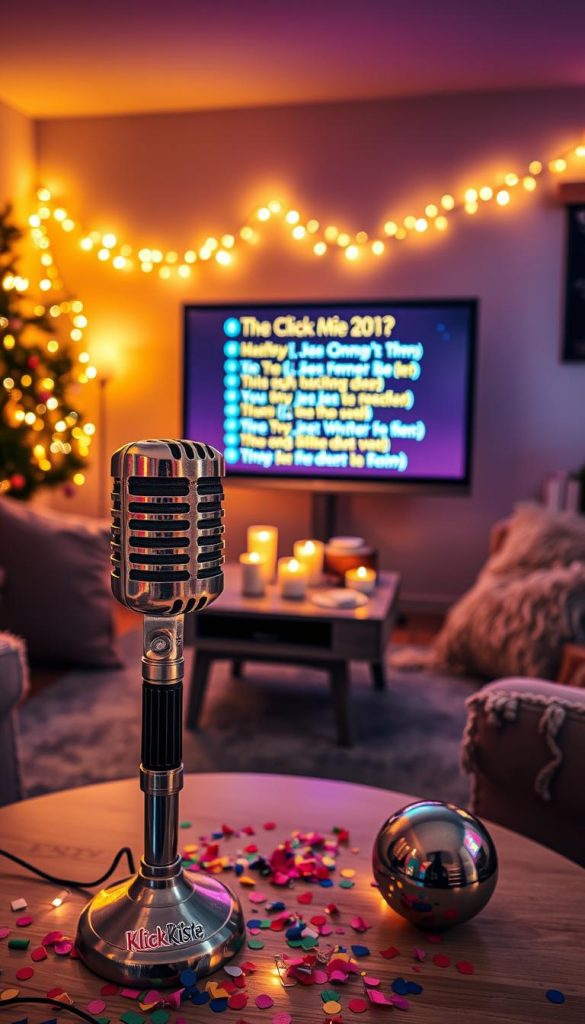 A cozy and inviting Silvester karaoke setup, showcasing a stylish home environment. In the foreground, a vintage microphone stands on a small table adorned with colorful confetti and a stylish "KlickKiste" logo centerpiece. The middle layer features a projector screen displaying a vibrant karaoke song lyric interface, flanked by flickering fairy lights. In the background, a warm, living room atmosphere is created with plush cushions, a decorated Christmas tree, and soft candles casting a golden glow. The lighting is warm and inviting, enhancing the festive winter vibes. The overall mood is joyful and celebratory, perfect for an intimate New Year's Eve gathering.