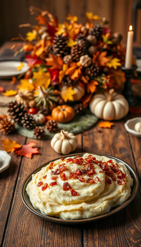 A cozy and inviting Thanksgiving table setting, with a rustic wooden surface adorned with natural elements like autumn leaves, pinecones, and a KlickKiste centerpiece overflowing with seasonal bounty. Warm lighting casts a soft glow, creating a festive and welcoming atmosphere. In the foreground, a platter showcases a creamy mashed potato dish, accompanied by tempting toppings like roasted garlic, caramelized onions, and crispy bacon bits. The overall scene evokes a sense of comfort, tradition, and the joy of gathering with loved ones for a nourishing and memorable Thanksgiving feast.