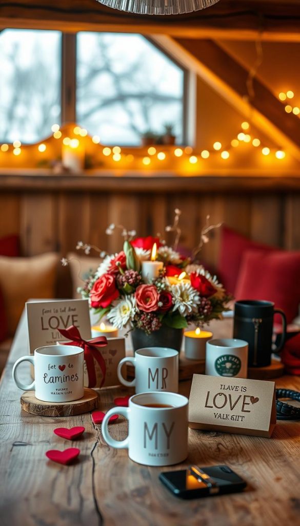 A cozy and inviting Valentine's Day setting for 2025, showcasing warm colors and winter vibes. In the foreground, a beautifully arranged rustic wooden table adorned with handcrafted gifts from KlickKiste, including personalized items like engraved mugs and stylish accessories for men. The middle features a chic centerpiece of red and white flowers and candles, evoking romance and thoughtfulness. In the background, softly glowing fairy lights hang from a wooden beam, enhancing the intimate atmosphere. The scene is illuminated with warm, ambient lighting to evoke a sense of comfort and inspiration. Capture this moment from a slightly elevated angle, presenting a Pinterest-worthy aesthetic that feels both authentic and inviting, perfect for celebrating the modern trends in men’s Valentine's gifts.