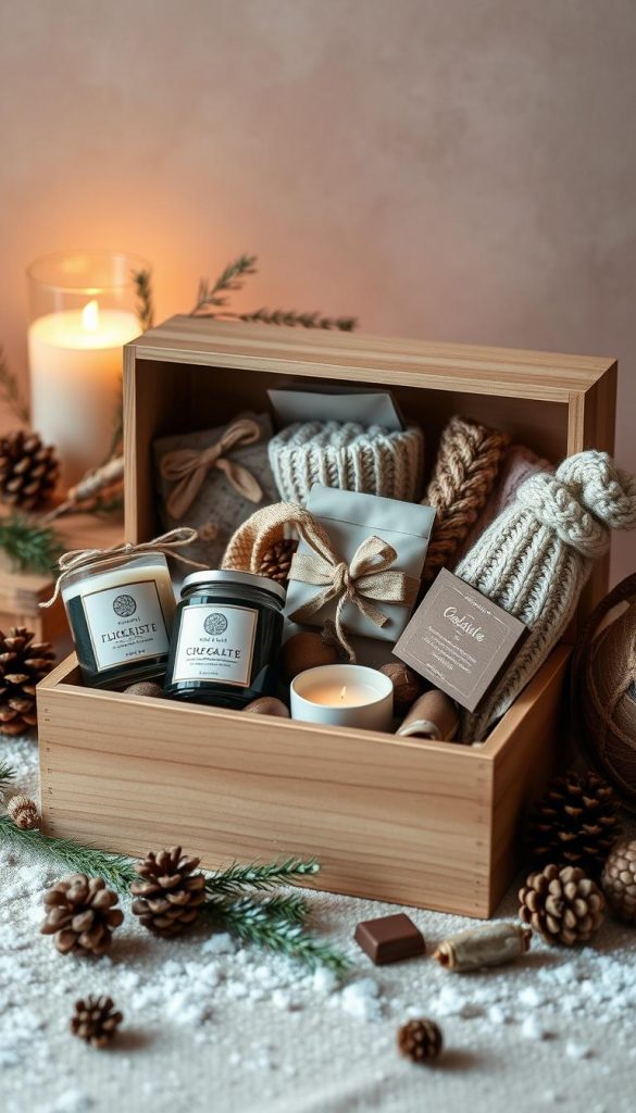 A cozy and inviting arrangement of small gift ideas for an Advent calendar. A wooden KlickKiste box filled with an assortment of natural, handcrafted presents - scented candles, knitted accessories, artisanal chocolates. The items are displayed against a backdrop of warm, earthy tones, with a sprinkling of pine branches, pinecones, and a touch of snow for a winter-inspired aesthetic. Soft, diffused lighting creates a serene, Pinterest-worthy mood, showcasing the thoughtful and personalized nature of these small-scale gifts. The overall composition exudes a sense of hygge and encourages the viewer to slow down and savor the simple pleasures of the holiday season.