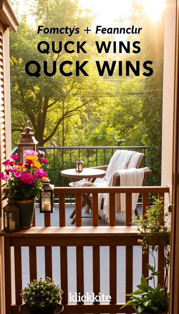 A cozy and inviting balcony scene showcasing budget-friendly quick wins for spring decor. In the foreground, a charming wooden balcony railing adorned with potted colorful flowers and rustic lanterns. In the middle, a small seating area with a weathered table and two simple chairs draped with pastel throws, emanating warmth. The background features a lush green garden, creating a serene, outdoor living vibe. Soft, golden lighting bathes the scene, suggesting early morning or late afternoon, with sunbeams filtering through leaves. The overall atmosphere is warm and welcoming, perfect for DIY inspiration. The aesthetic aligns with the brand "KlickKiste", emphasizing natural, authentic, and Pinterest-worthy designs.