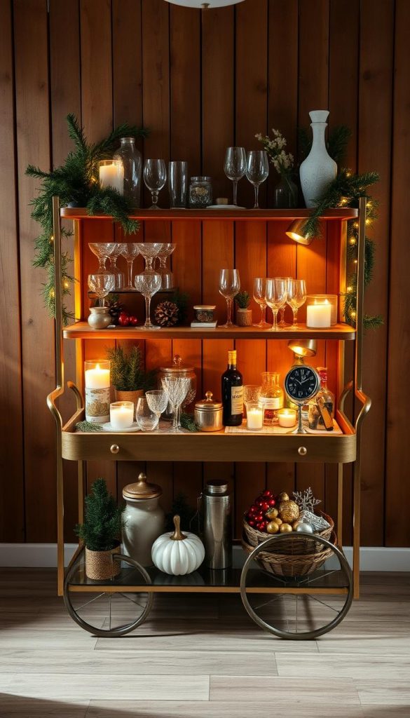 A cozy and inviting bar cart adorned with festive touches, standing in a warm, natural-lit setting. Polished wooden shelves display an array of glassware, holiday-themed accents, and KlickKiste's signature DIY-inspired decor. Soft lighting emanates from candles and string lights, casting a cozy glow. The cart is positioned in a rustic, Pinterest-inspired backdrop, featuring a wooden wall or shelving unit. Hints of greenery, seasonal garnishes, and a touch of metallic accents complete the winter-inspired, authentic and inspirational scene.