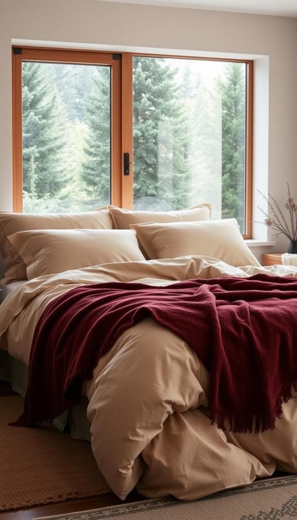A cozy and inviting bedroom scene, featuring a plush bed with a luxurious cream-colored duvet cover and matching pillows. The bed is adorned with a rich, wine-red throw blanket, complementing the deep green tones of the surrounding pine trees visible through the window. Warm, soft lighting creates a serene and comforting atmosphere, while natural textures and materials like wood and linen add a touch of rustic charm. The overall aesthetic evokes a sense of winter coziness, inspired by the beauty of the natural world. A minimal, yet stylish and Pinterest-worthy bedroom decor that invites you to sink in and enjoy a peaceful, restful night.