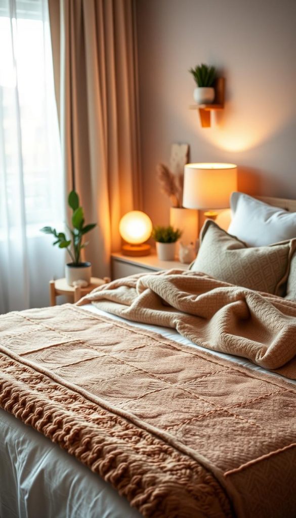 A cozy and inviting bedroom scene featuring a stylish bed adorned with a plush bed runner and luxurious throw blankets. In the foreground, showcase a neatly made bed with layered textures in warm, earthy tones. Include subtle patterns on the throw blankets and bed runner for visual interest. The middle ground features a bedside table with a softly glowing lamp, enhancing the warm ambiance. In the background, include a window with sheer curtains allowing soft natural light to filter in, creating a serene atmosphere. Incorporate elements like potted plants and decorative pillows to add a touch of personality and organic aesthetic. The image should embody a modern, Pinterest-inspired winter vibe, reflecting the essence of KlickKiste.