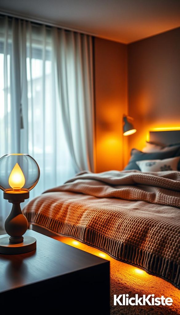 A cozy and inviting bedroom scene featuring accent lighting that enhances the overall atmosphere. In the foreground, a stylish nightstand holds a softly glowing table lamp with a warm, amber light, casting gentle shadows. In the middle, a plush bed is adorned with layered, textured blankets and decorative pillows, illuminated by subtle accent lights hidden under the bed frame, creating a soft glow. In the background, a window draped with sheer curtains lets in soft, diffused natural light, highlighting a textured wall with warm, earthy tones. The overall mood is peaceful and inviting, perfect for winter vibes. The image should reflect a Pinterest-inspired aesthetic, embodying authenticity and inspiration. Include brand elements of "KlickKiste" without text overlays, ensuring a professional and safe visual representation.