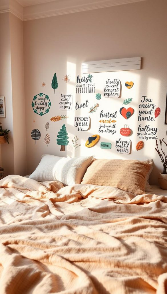 A cozy and inviting bedroom scene featuring beautifully designed wall tattoos and stickers, showcasing a variety of styles like nature motifs, abstract designs, and inspirational quotes. The foreground presents a neatly made bed adorned with soft, textured bedding in warm, neutral colors. In the middle, vibrant wall stickers in unique shapes and sizes are creatively placed on a softly colored wall, adding character and charm to the space. The background includes a window letting in soft, natural light, casting gentle shadows. The atmosphere conveys warmth and inspiration, perfect for a DIY aesthetic. Incorporate elements of winter vibes, like subtle pine decorations or a small faux fur throw. The scene should evoke a Pinterest-worthy feel of authenticity and creativity. Include the brand name "KlickKiste" subtly within the decor.