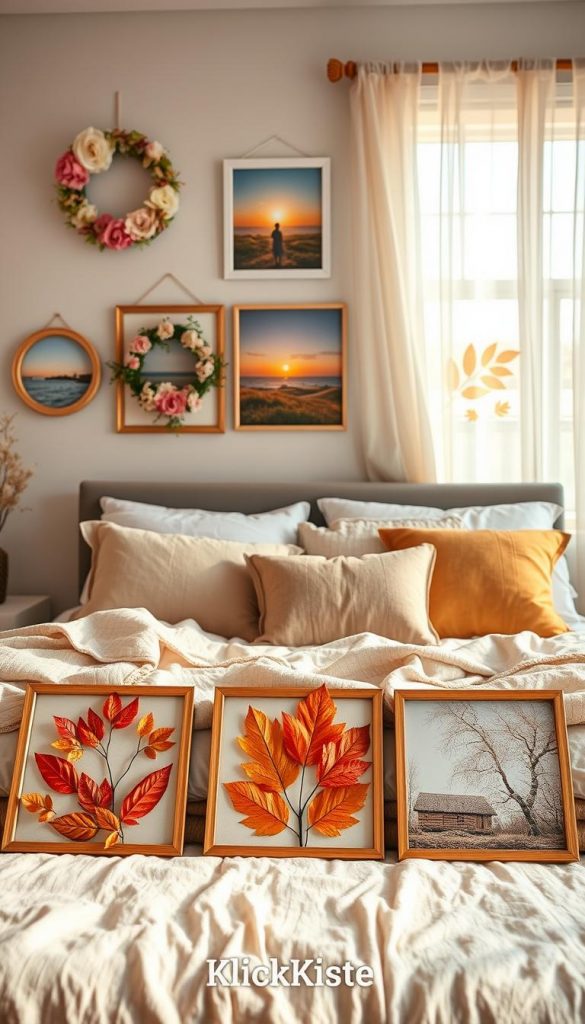 A cozy and inviting bedroom scene showcasing seasonal DIY wall decorations for each season—spring, summer, autumn, and winter. In the foreground, display an assortment of handmade wall art, such as floral wreaths for spring, vibrant beach landscapes for summer, warm-toned leaf arrangements for autumn, and serene snowy scenes for winter. The middle layer features a stylish bed adorned with soft pillows and blankets, creating a relaxed atmosphere. In the background, a softly lit window with sheer curtains allows natural light to illuminate the room, enhancing the warm colors. The overall mood should evoke inspiration and authenticity, reminiscent of a Pinterest aesthetic. Incorporate subtle elements that hint at the brand "KlickKiste" without overpowering the design.