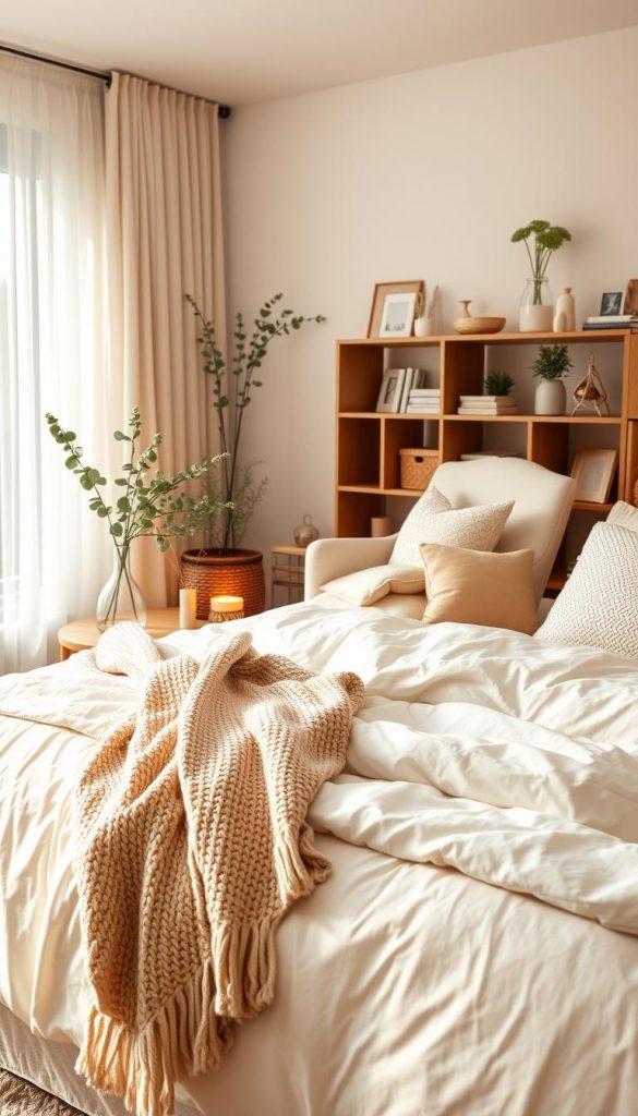 A cozy and inviting bedroom scene that embodies the essence of relaxation and personal touch, designed for a winter vibe. The foreground features a beautifully made bed with plush, layered bedding in soft, warm colors—creamy whites and gentle beige tones. A knitted throw is casually draped over the bed. On the bedside table, there’s a simple vase with fresh eucalyptus and a softly glowing lamp emanating warm light. The middle ground showcases a comfortable reading nook with an armchair adorned with textured cushions and a soft blanket, set beside a large window with light, sheer curtains allowing gentle sunlight to filter in. In the background, a minimalist decor with wooden shelving displaying tasteful personal items and plant life enhances the tranquil atmosphere. The overall composition captures a serene, 'renter-friendly' aesthetic, inspired by a Pinterest look, evoking feelings of peace and comfort. Designed in a natural DIY style, this scene represents KlickKiste's approach to home decoration without