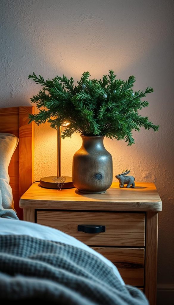 A cozy and inviting bedside table made of natural wood, its surface adorned with a rustic vase brimming with lush, seasonal greenery. Soft, warm lighting emanates from a simple table lamp, casting a gentle glow across the scene. Textured, earthy tones create a soothing, winter-inspired atmosphere, while a touch of whimsy is added by a small, decorative trinket or knickknack. The overall composition radiates a sense of hygge, blending function, creativity, and personal style for a truly captivating and inspiring "Nachttisch" design. A cozy and inviting bedside table made of natural wood, its surface adorned with a rustic vase brimming with lush, seasonal greenery. Soft, warm lighting emanates from a simple table lamp, casting a gentle glow across the scene. Textured, earthy tones create a soothing, winter-inspired atmosphere, while a touch of whimsy is added by a small, decorative trinket or knickknack. The overall composition radiates a sense of hygge, blending function, creativity, and personal style for a truly captivating and inspiring "Nachttisch" design.