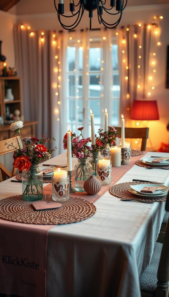 A cozy and inviting dining table decorated for Valentine's Day, showcasing unique DIY and upcycling ideas. In the foreground, a beautifully arranged table with creative decor made from everyday items like recycled glass jars filled with fresh flowers, handmade paper heart garlands, and rustic candles. The middle layer features a soft tablecloth in warm tones, with charming placemats made from repurposed materials, and cute love-themed tableware. In the background, a softly lit room with fairy lights hanging above, creating a romantic atmosphere. The warm lighting enhances the colors and the winter vibes of the scene, evoking a Pinterest-worthy look, with the brand name "KlickKiste" subtly integrated into the decor, inspiring creativity and authenticity. A cozy and inviting dining table decorated for Valentine's Day, showcasing unique DIY and upcycling ideas. In the foreground, a beautifully arranged table with creative decor made from everyday items like recycled glass jars filled with fresh flowers, handmade paper heart garlands, and rustic candles. The middle layer features a soft tablecloth in warm tones, with charming placemats made from repurposed materials, and cute love-themed tableware. In the background, a softly lit room with fairy lights hanging above, creating a romantic atmosphere. The warm lighting enhances the colors and the winter vibes of the scene, evoking a Pinterest-worthy look, with the brand name "KlickKiste" subtly integrated into the decor, inspiring creativity and authenticity.