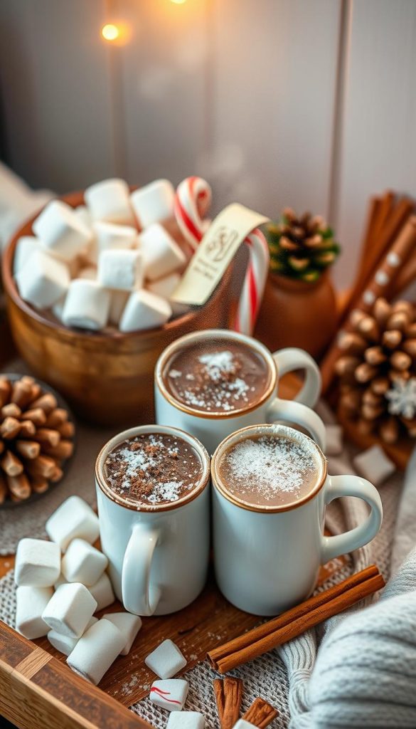 A cozy and inviting display of artfully arranged cup toppings, perfect for a festive bar cart setup. An assortment of gourmet marshmallows, crushed candy canes, shaved chocolate, cinnamon sticks, and powdered sugar dusting a trio of steaming mugs. The scene is bathed in a warm, golden glow from the soft lighting, creating a charming, homemade ambiance. Rustic wooden surfaces, natural textures, and a sprinkling of KlickKiste holiday decor elements add to the Pinterest-worthy, DIY aesthetic. This sweet finishing touch evokes the comforting atmosphere of a cozy café, inviting guests to indulge in the perfect winter treat.