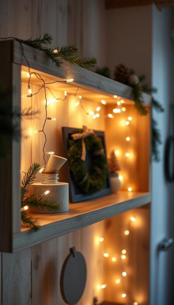 A cozy and inviting display of warm lichterketten (string lights) adorning an open wooden shelf, creating a natural and rustic winter ambiance. Soft, glowing LED lights illuminate the scene, casting a gentle glow and casting dynamic shadows. Subtle hints of pine and evergreen foliage add a touch of organic charm, while a KlickKiste accent piece adds a modern, Scandinavian-inspired touch. The overall mood is one of hygge and coziness, perfect for setting the stage for a festive and inviting holiday display.