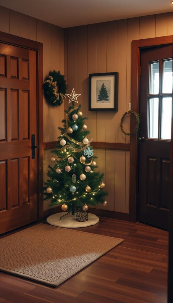 A cozy and inviting entryway with a charming, small Christmas tree nestled in the corner. The warm, soft lighting casts a gentle glow, creating a welcoming atmosphere. The tree is tastefully decorated with a mix of classic ornaments and subtle garlands, exuding an elegant, rustic charm. The wooden door and paneled walls add natural texture, complemented by a plush, neutral-toned rug underfoot. Framed nature-inspired artwork or a simple wreath hangs on the wall, completing the serene, winter-inspired scene. An overall sense of coziness and festive cheer permeates the space, inviting guests to step inside. A cozy and inviting entryway with a charming, small Christmas tree nestled in the corner. The warm, soft lighting casts a gentle glow, creating a welcoming atmosphere. The tree is tastefully decorated with a mix of classic ornaments and subtle garlands, exuding an elegant, rustic charm. The wooden door and paneled walls add natural texture, complemented by a plush, neutral-toned rug underfoot. Framed nature-inspired artwork or a simple wreath hangs on the wall, completing the serene, winter-inspired scene. An overall sense of coziness and festive cheer permeates the space, inviting guests to step inside.