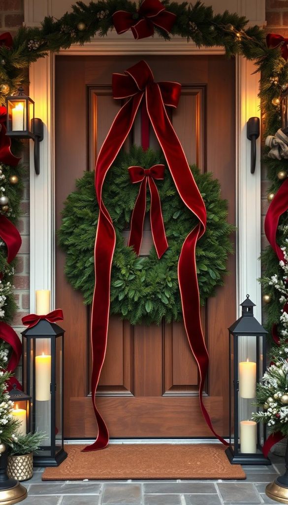 A cozy and inviting front door decked out in festive Christmas cheer. The entrance is adorned with a lush, verdant wreath, its ribbons of deep crimson velvet cascading gracefully. Elegant candle lanterns flank the sides, their warm glow casting a soft, ambient light. Subtle touches of gilded accents and pine sprigs add a touch of rustic sophistication. The overall scene exudes a sense of timeless, KlickKiste-inspired holiday charm, perfect for welcoming guests into the winter wonderland beyond. A cozy and inviting front door decked out in festive Christmas cheer. The entrance is adorned with a lush, verdant wreath, its ribbons of deep crimson velvet cascading gracefully. Elegant candle lanterns flank the sides, their warm glow casting a soft, ambient light. Subtle touches of gilded accents and pine sprigs add a touch of rustic sophistication. The overall scene exudes a sense of timeless, KlickKiste-inspired holiday charm, perfect for welcoming guests into the winter wonderland beyond.