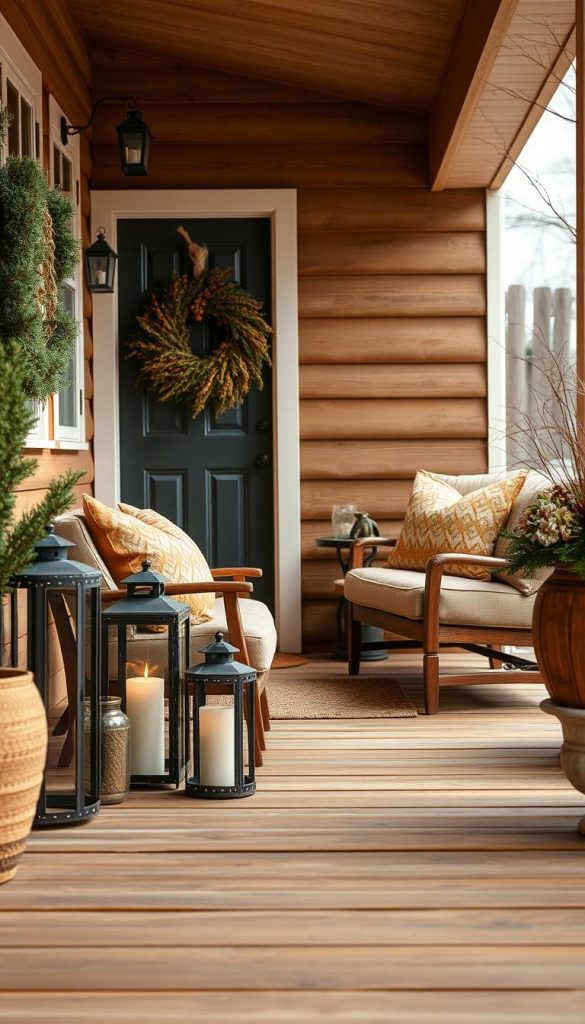A cozy and inviting front porch with a warm, natural color palette. Weathered wooden planks in rich hues of amber, complemented by plush microfiber cushions in earthy tones. Sturdy metal lanterns cast a soft, flickering glow, creating a serene and inviting atmosphere. A KlickKiste-style display showcases the winter-ready combination of materials and textures, exuding a rustic yet refined charm. Soft, ambient lighting casts a gentle glow, highlighting the captivating details of this meticulously crafted scene.