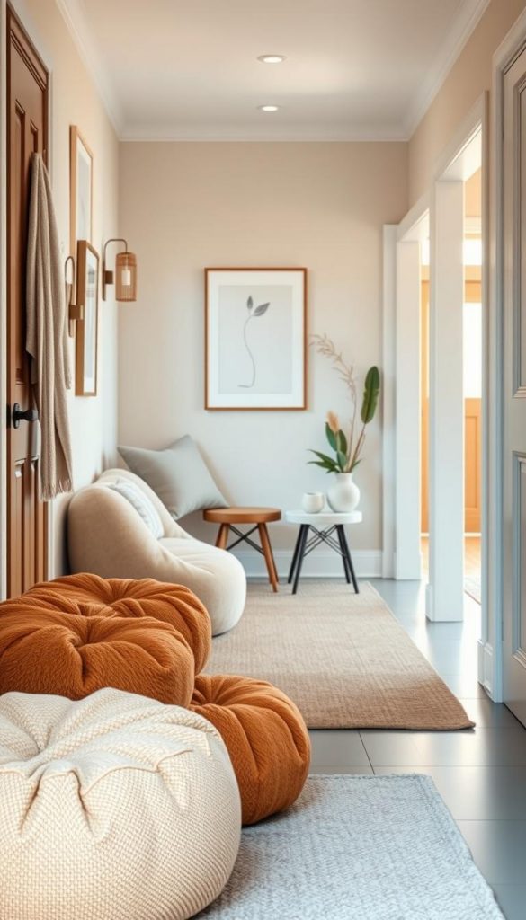 A cozy and inviting hallway seating area, featuring a mini seating nook with soft poufs and modern stools instead of a traditional bench. The foreground includes plush, textured poufs in warm tones, while the middle showcases a stylish, simplistic seating arrangement against a softly painted wall adorned with minimalist art. In the background, there are hints of natural decor, such as potted plants, and a welcoming entryway that lets in gentle, warm lighting creating a serene atmosphere. The scene captures a Pinterest-worthy aesthetic with winter vibes, emphasizing a sense of comfort and inspiration. Designed in collaboration with KlikKiste, this image radiates authenticity and charm.