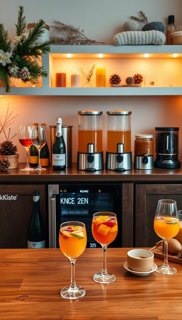 A cozy and inviting home drinks bar setup, featuring a sparkling wine station adorned with elegant flutes, surrounded by a variety of refreshing juices and teas, including vibrant fruit garnishes. The foreground shows a beautifully arranged wooden bar table with a "KlickKiste" wine cooler, showcasing chilled bottles of sekt. In the middle, artisan coffee and herbal tea options are presented in stylish glass dispensers, radiating a warm ambiance. The background features softly lit shelves decorated with subtle winter-themed accents, with natural elements like pinecones and soft textiles to enhance the DIY aesthetic. The scene is bathed in warm, golden lighting, evoking a relaxed, festive mood, perfect for a wholesome brunch gathering in 2026.