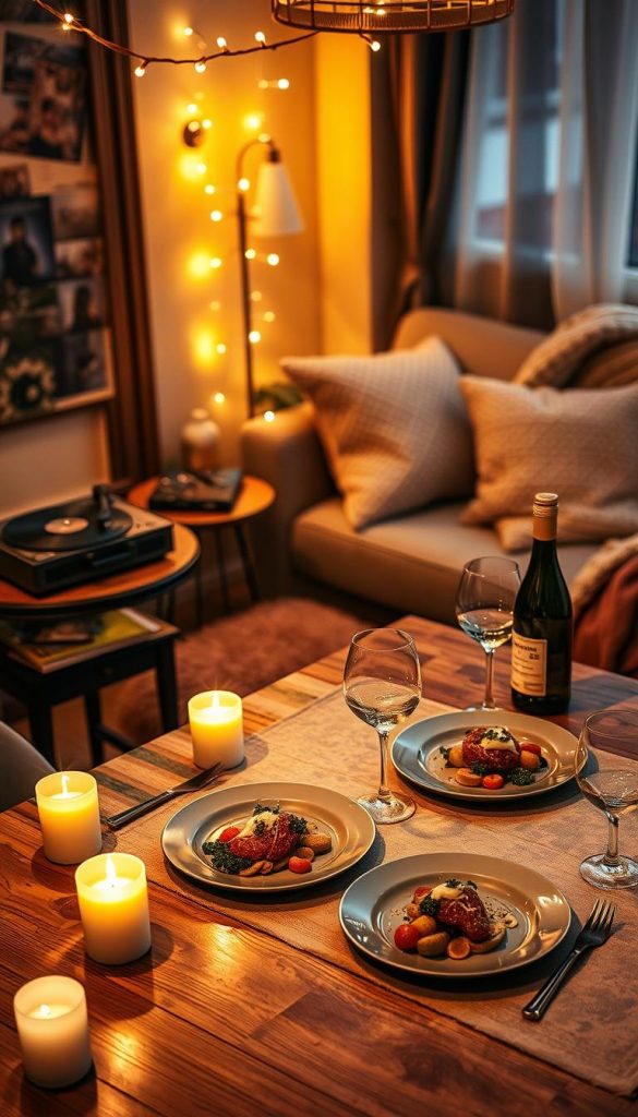 A cozy and inviting indoor scene for a "Playlist Date Night." In the foreground, a beautifully set dining table with warm, flickering candlelight casting soft shadows. Delicate fairy lights twinkle overhead, creating a dreamy atmosphere. A vintage record player sits on a side table, with vinyl records scattered nearby, hinting at the romantic playlist. The middle ground features two elegant plates of gourmet food, a bottle of wine, and wine glasses reflecting the candlelight. In the background, soft pillows and a plush throw blanket on a couch create a relaxed vibe. The overall color palette is warm and inviting, inspired by winter vibes, with natural elements like wood and greenery. The scene is inspired by KlickKiste's authentic DIY style, evoking a Pinterest-worthy ambience.