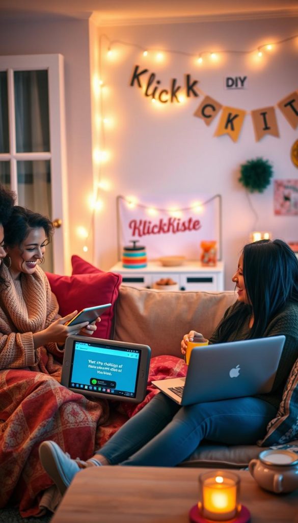 A cozy and inviting indoor setting featuring a group of four diverse women engaging in digital fun challenges. They are seated comfortably on a soft couch adorned with cozy blankets and colorful pillows, surrounded by snacks and drinks. One woman is interacting with a tablet, while another is laughing at a trivia question displayed on a laptop. The lighting is warm and ambient, creating a relaxed atmosphere, with fairy lights softly illuminating the corner of the room. In the background, a table displays creative DIY supplies and a cheerful banner that reads “KlickKiste.” The overall mood is playful and spirited, emphasizing friendship and connection during a fun night in. The scene captures the essence of engaging activities and digital entertainment, resonating with a Pinterest aesthetic of warmth and inspiration.