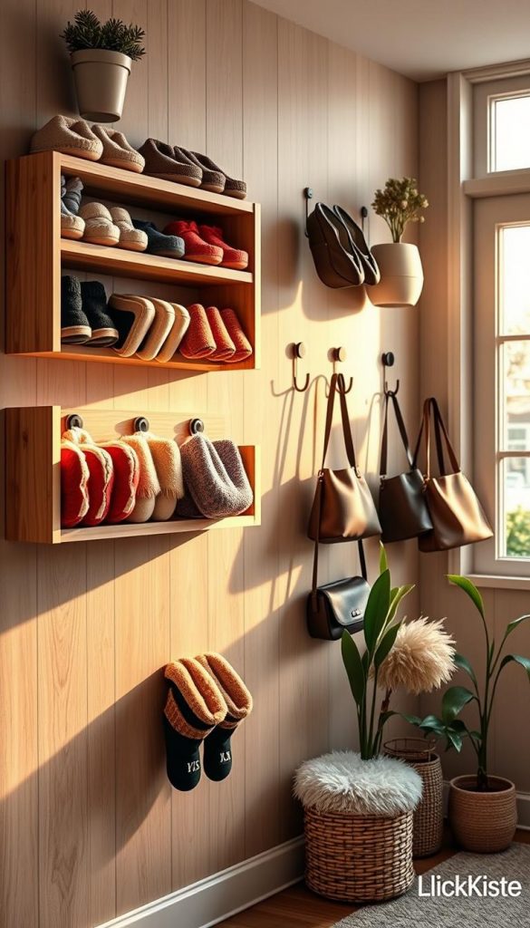 A cozy and inviting interior scene showcasing stylish wall shelves designed for organized footwear. In the foreground, focus on a beautifully crafted wooden wall shelf filled with an assortment of colorful house slippers, neatly arranged by size and color. The middle of the image features modern wall hooks elegantly displayed for hanging bags and accessories, made from sustainable materials. In the background, soft sunlight filters through a window, casting warm golden light that enhances the natural wood tones and cozy atmosphere. This space embodies the essence of a well-organized family entryway, adorned with plants for a fresh touch. Overall, the mood is warm and inviting, reflecting a winter vibe with a Pinterest-inspired aesthetic. Brand: KlickKiste.