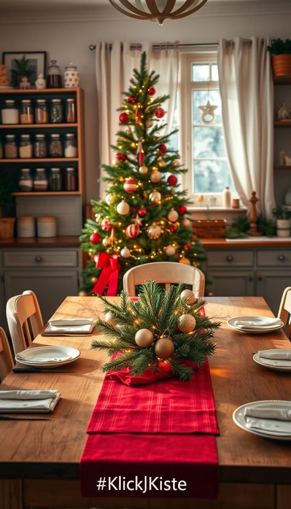 A cozy and inviting kitchen adorned with charming DIY Christmas decorations that embody the spirit of the season. In the foreground, a rustic wooden table is set with a vibrant red and green table runner, surrounded by simple, elegant place settings. On the table, a centerpiece made of pine branches, fairy lights, and handmade ornaments creates a warm glow. In the middle, a beautifully decorated Christmas tree stands against a window with soft white curtains, showcasing delightful ornaments and twinkling lights. The background features shelves filled with carefully arranged glass jars of spices, greenery, and whimsical holiday-themed decor. The lighting is warm and natural, suggesting a soft afternoon glow, creating a nostalgic, Pinterest-worthy atmosphere. This image captures the essence of festive warmth and inspiration from "KlickKiste."