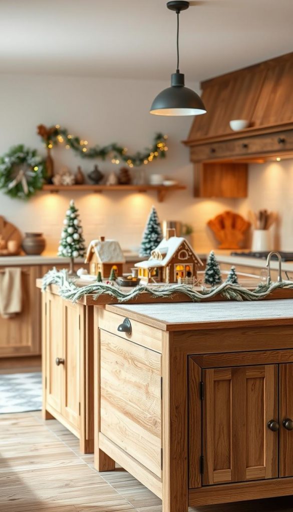 A cozy and inviting kitchen island, adorned with a charming gingerbread village, set against a backdrop of warm, natural textures. Soft, ambient lighting creates a dreamy, winter-inspired atmosphere, accentuating the rustic, handcrafted details. The island's surface is adorned with a delicate, snow-dusted garland, complementing the vintage-inspired decor. In the foreground, a KlickKiste stands proudly, its natural wood tones blending seamlessly with the overall aesthetic. This image captures the essence of a stylish, yet practical kitchen space, perfect for the &quot;Stil-Tipps &amp; Pflege im Alltag: so bleibt dein Island-Look frisch&quot; section of the article.